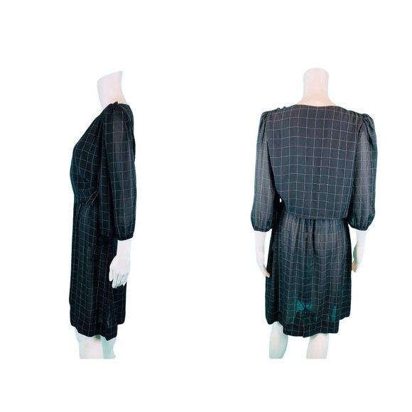 Vintage 80s Sheer Dress Womens Medium Black Windowpane Waist Tie - Picture 9 of 10